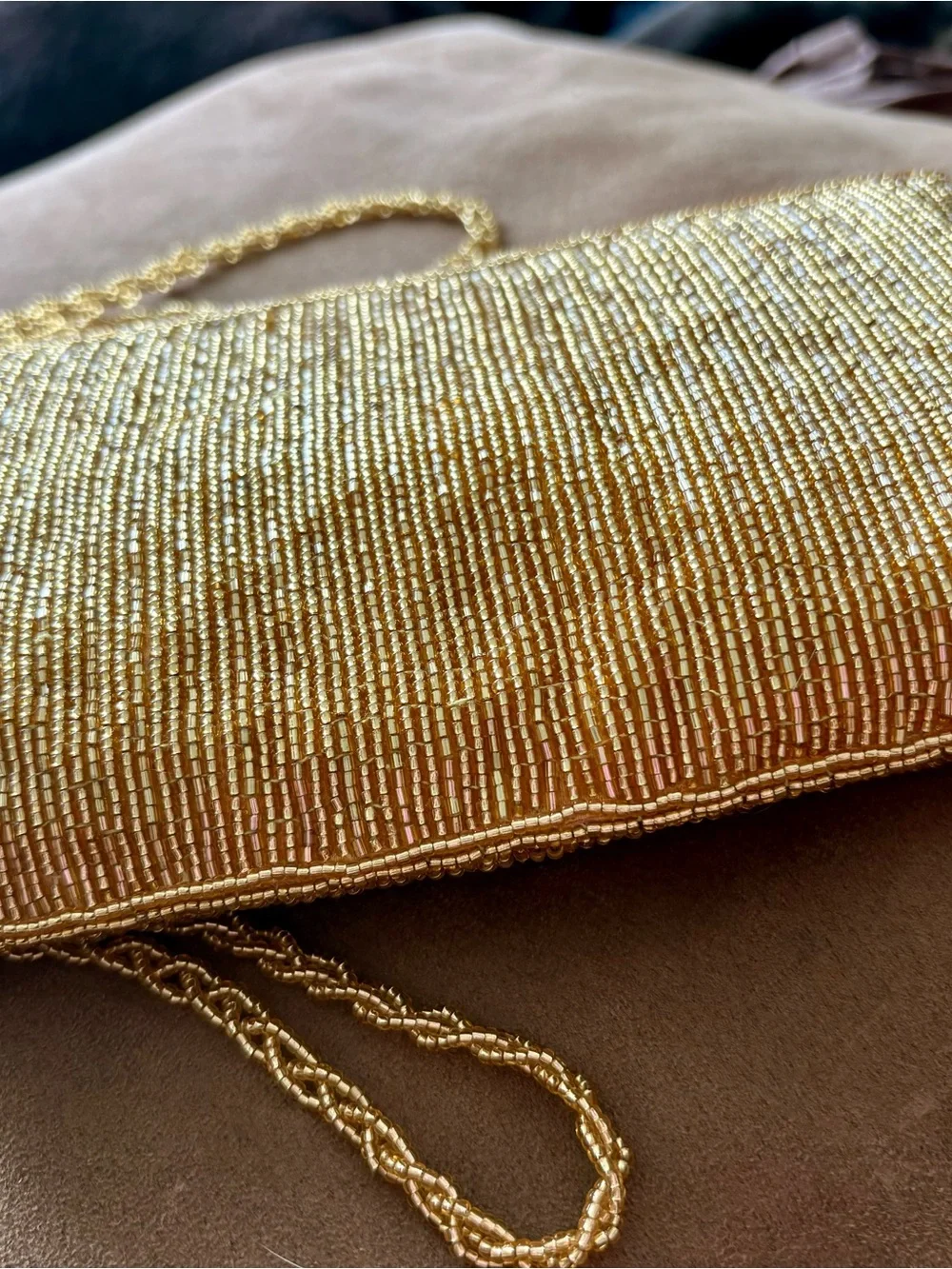 Gold Glitz Beaded Evening Clutch with Lacey Gold Chain Strap